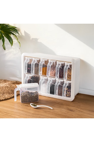Porsima Simple 1168 Random 12'li Standlı Kendinden Yapışkanlı Kaşıklı Kapaklı Baharatlık Saklama Kabı Seti - Beyaz Beyaz