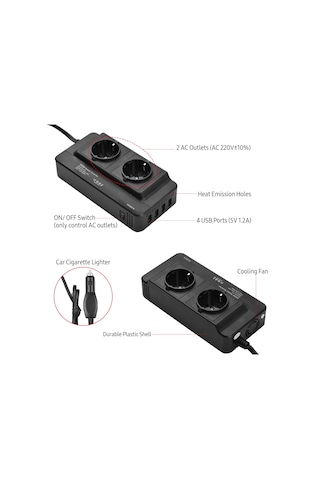 200w Araba Güç İnvertörü Dc 12v'den Ac 220v Dönüştürücü 2 Ac Çıkışı 4 Usb Portu Açma/kapama Anahtarı-siyah