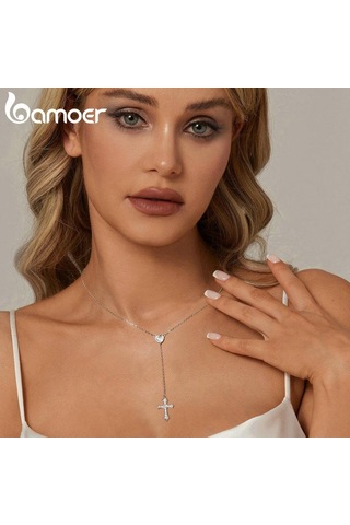Bamoer 925 Ayar Gümüş Narin Kalp Şeklinde Kolye Kolye Y Şeklinde Çapraz Zincir Kolye Kadınlar İçin Parti Zarif Güzel Takı Hediye Gümüş