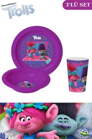 Flosoft Lisanslı Trolls Çocuk Kahvaltı Seti, Trolls Desenli Kase Tabak Bardak 3 Lü Yemek Seti
