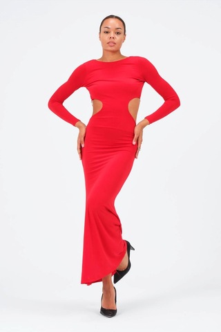 Arka Zincirli Taş Detay Elbise-Kırmızı