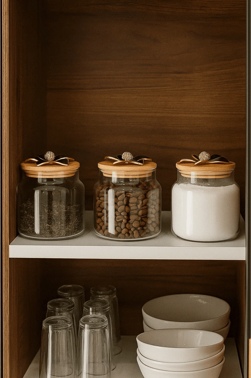 3'lü Metal Siyah Çiçek Figürlü Bambu Kapaklı Cam Kavanoz Şık Saklama Kabı 635 Cc Şeffaf