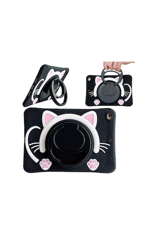 Apple Ipad 8. Ve 9. Nesil 10.2 Inç 2020 / 2021 Uyumlu Kedi Kılıf Standlı Eğlenceli Koruma Siyah