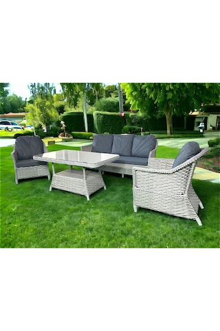 Monalin Home Garden Napoli Rattan El Örgüsü Bahçe & Balkon & Teras Oturma Grubu Minderli & Masalı & Camlı Oturma Grubu Koyu Gri