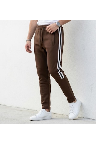 Plus Scorpion Erkek Slim Fit Pamuklu Eşofman Altı Yan Şerit Detaylı Günlük Kahverengi