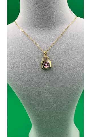 Kadın Pembe Kalpli Zirkon Taşlı Kilit Model Kolye Altın