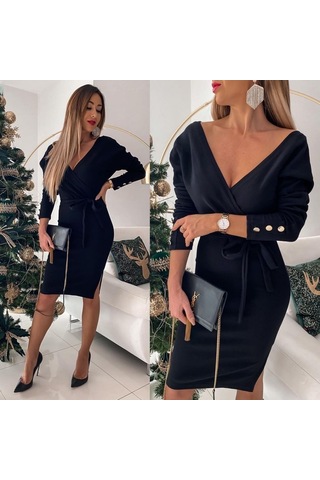 Kadın Uzun Kollu Kruvaze Yaka Bağcık Detay Akrilik Mini Boy Elbise Siyah