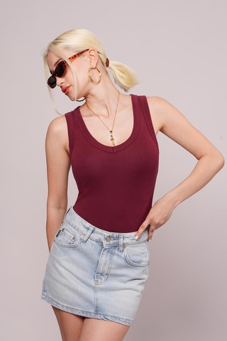 Madmext Koyu Bordo Derin V Yaka %100 Pamuklu Basic Kadın Atlet Mg2405