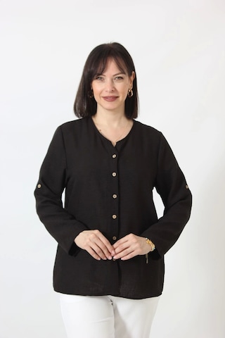 Moda Berray Sb-0169 Keten Kolu Apoletli Sıfır Yaka Büyük Beden Siyah Gömlek Siyah