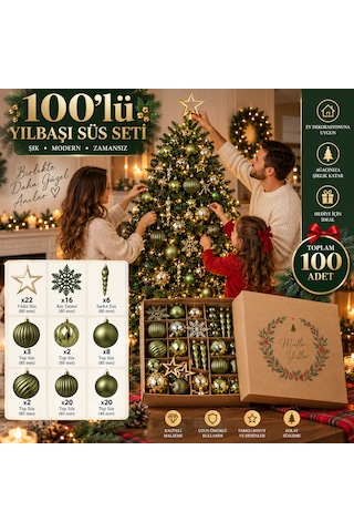 100 Parça Yılbaşı Ağaç Süsleme Seti Yeşil Gold Dekoratif Top, Yıldız, Kar Tanesi Ve Sarkıt Süsler 3 CM