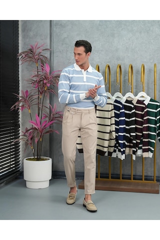 Modefendi Pamuk Likra Slim Fit Örgü Yatay Desen Yaka Şerit Detaylı Polo Yaka Kazak Bebe Mavi