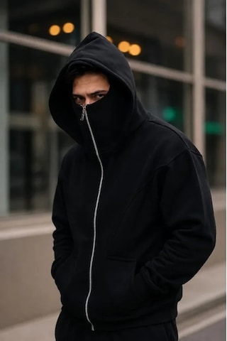 Veraura Lifestyle Erkek Maskeli Ninja Model Çift Kapüşonlu 3 İplik Şardonlu Fermuarlı Sweatshirt - Siyah