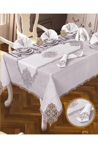 Storeşahin Elegant Linen Krem-gümüş 26 Parça 12 Kişilik 160 260 Cm Masa Takımı Shn0720 Krem - Gümüş