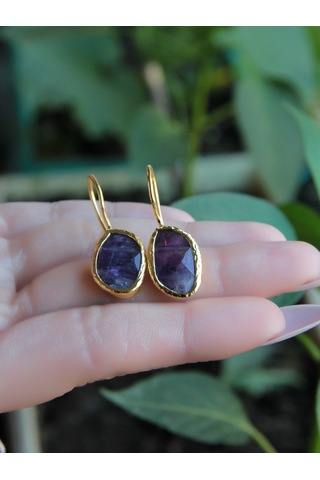 Doğal Taş Ametist Taşı Kadın Doğal Taşlı Küpe Gold Euku3ag Mor