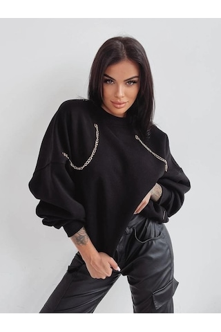 Kadın Uzun Kollu Zincir Detay Iki Iplik Bluz Siyah