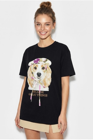 Shade Kadın Baskı Ve Payet Detaylı Fiyonklu Basic T-shirt 7643 60286115 - Siyah