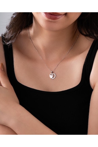 925 Ayar Rodyum Çift Kalp İsimli Gümüş Kolye Özelleştirilebilir Rzn10318