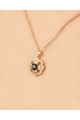 Kadın Kararmaz Çelik Takı Lacivert Zirkon Taşlı Çiçek Kolye