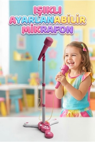 Işıklı Ve Ayarlanabilir Çocuk Mikrofonu Küçük Yıldızlar Sahneye Pembe