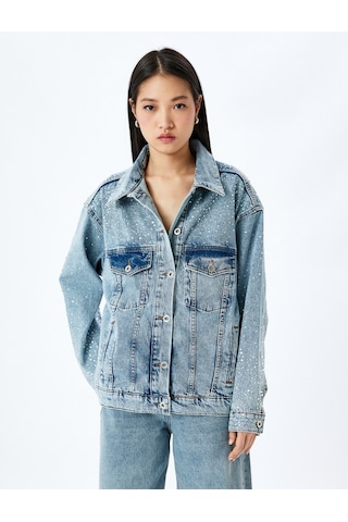 Koton Cepli Taş Detaylı Düğmeli Denim Ceket Açık İndigo 5sal50009md Açık İndigo