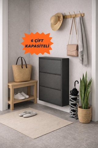 Metal 3 Kapaklı Antrasit Ayakkabılık, Kurulum Gerektirmez , 6 Çift Ayakkabı Kapasiteli Siyah