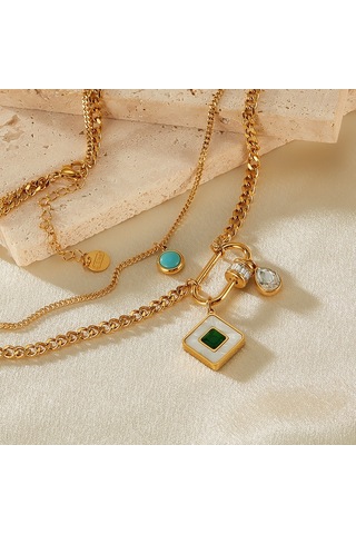 Sones Opk Gx2424 Paslanmaz Çelik Kare Kolye Çift Katmanlı Kolye Çok Renkli