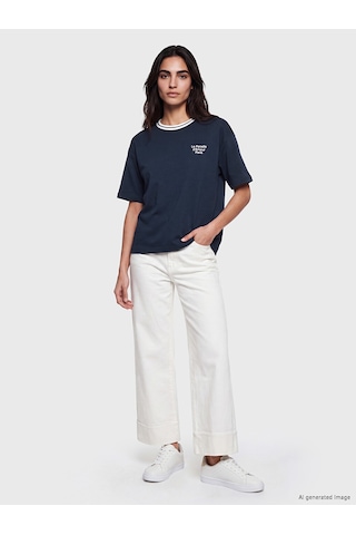 Lcw Vision Lacivert Paris Baskılı Oversize Kadın Tişört