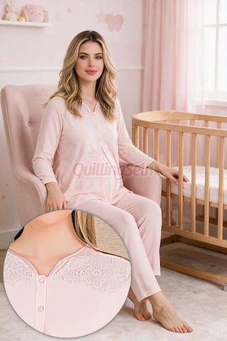 Lady Bebe Pembe Renkli Dantel Detaylı, 33201 Uzun Kol, 2 Parça Lohusa Hamile Pijama Takımı Açık Pembe