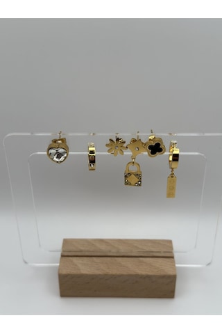 Arnes Jewelry Çelik Anahtarlı Zirkon Taşlı Kalpli 6 Lı Küpe Ar182nes Gold