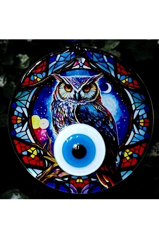 Baykuşlu Gece Desenli 12 Santimetre Füzyon Cam Duvar Süsü
