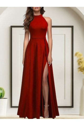 Soonaksesuar Kadınhalter Yaka Derin Yırtmaç Detaylı Tam Boy Ithal Krep Abiye Elbise Kırmızı