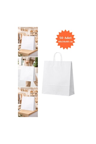 Burgu Saplı Kraft Çanta Beyaz Kağıt Poşet Butik Mağaza Hediye Tatlı Torbası 40x16x48 Cm 50li