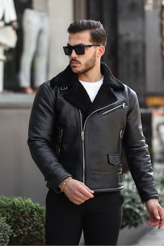 Erkek Napa Deri Çapraz Fermuarlı İçi Full Kürklü Yüksek Kalite Slim Fit Siyah Mont & Ceket Siyah