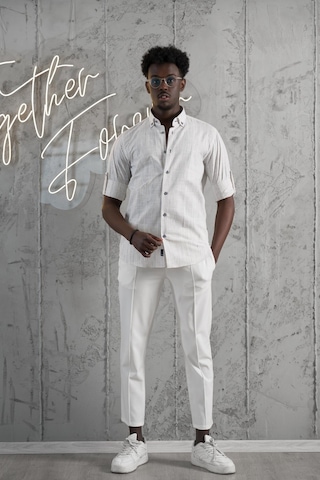 Advante İnce Çizgili Yaka Düğmeli Katlamalı Kol Pamuklu Slimfit Yazlık Keten Gömlek Gri