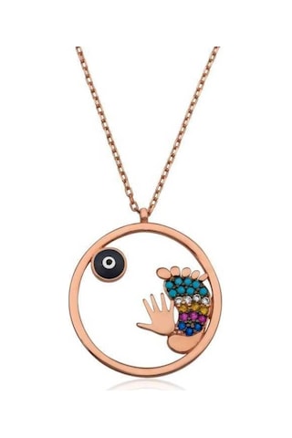 Gumush Gümüş Rose Gold Nazarlı El ve Ayak İzi Kadın Kolye