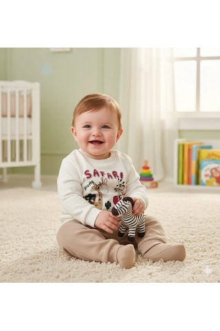 Erkek Bebek Safari Baskılı Alt Üst İkili Gündelik Takım Bej