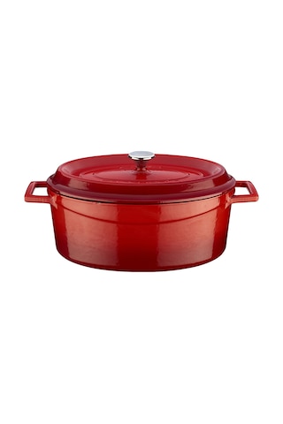 Lava Döküm Oval Tencere. Ölçü 21x27cm.  - Kırmızı