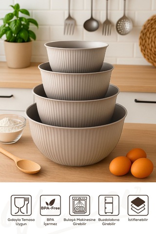 4'lü Mega Boy Plastik Karıştırma Ve Saklama Kase Seti 1l, 2l, 3l, 5l Bej Bej