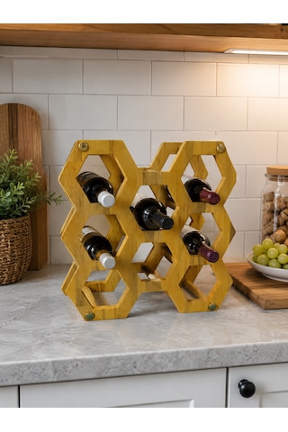 Phellos Hexagon Ahşap Şişe Standı - Dekoratif Şişe Rafı