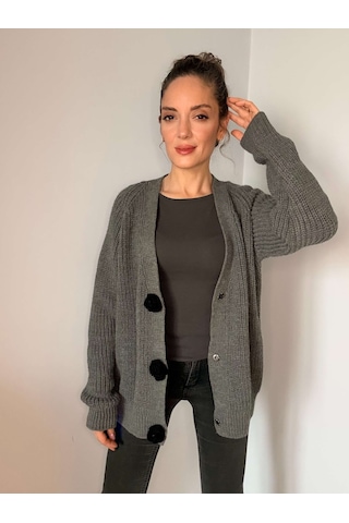 Ali Butik Antrasit Gül Motif Detaylı Triko Hırka Antrasit