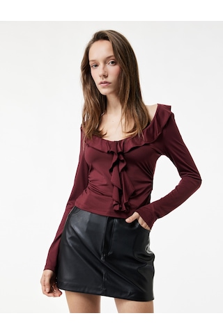 Koton Fırfır Detaylı Uzun Kollu Slim Fit V Yaka Tişört Bordo 6wal10543ık