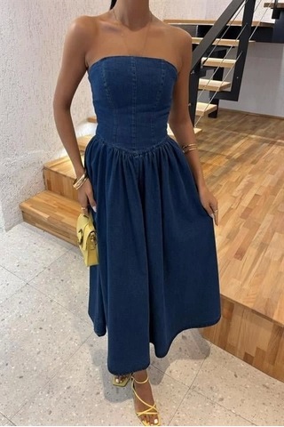 Defymoda Beli Pileli Straplez Denim Elbise 2886 Denim