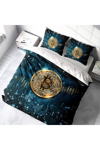 Monohome Bitcoin 3D Pamuk Saten Çift Kişilik Nevresim Takımı Çok Renkli
