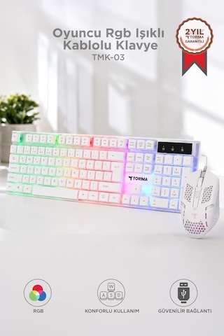 Özel Seri Tuşlu Takım Yazı Aracı Oyuncu Rgb Işıklı Kablolu Q Klavye Ve Mouse Seti Tmk03 Beyaz