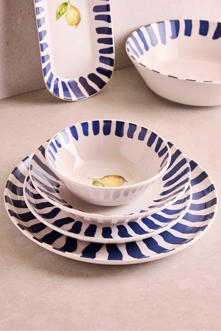 Limone Blu 27 Parça 6 Kişilik Seramik Yemek Takımı Limon Desenli Mavi Çizgili Sunum Seti Cokrenklı Çok Renkli
