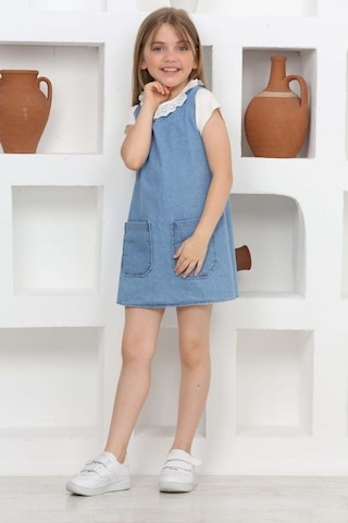 Kız Çocuk 2'li Jean Elbise Çift Cepli Jean Elbise+bluz 12203 Mavi