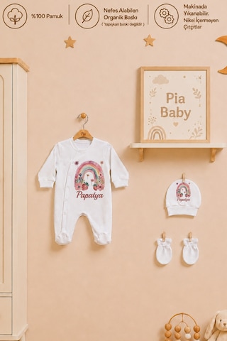Pia Baby Kız Bebek İsme Özel Tulum Seti 4 Parça %100 Pamuk Organik Baskılı Hastane Çıkışı Battaniyeli Set 1097bt0x Ekru