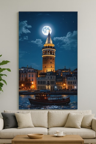 Galata Kulesi Ve Dolunay İstanbul Un Büyüsü Cam Tablo Gece Işıltısı Temalı