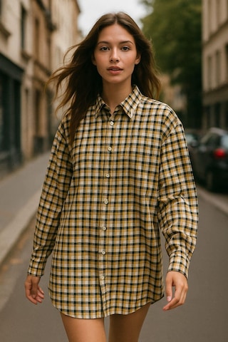 Kadın Sarı Oversize Ekoseli Gömlek Over Fit Relaxed Kareli Gömlek Çok Renkli