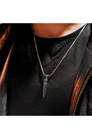 925 Ayar Gümüş Mikro Taşlı Mermi Tasarım Erkek Kolye Gümüş